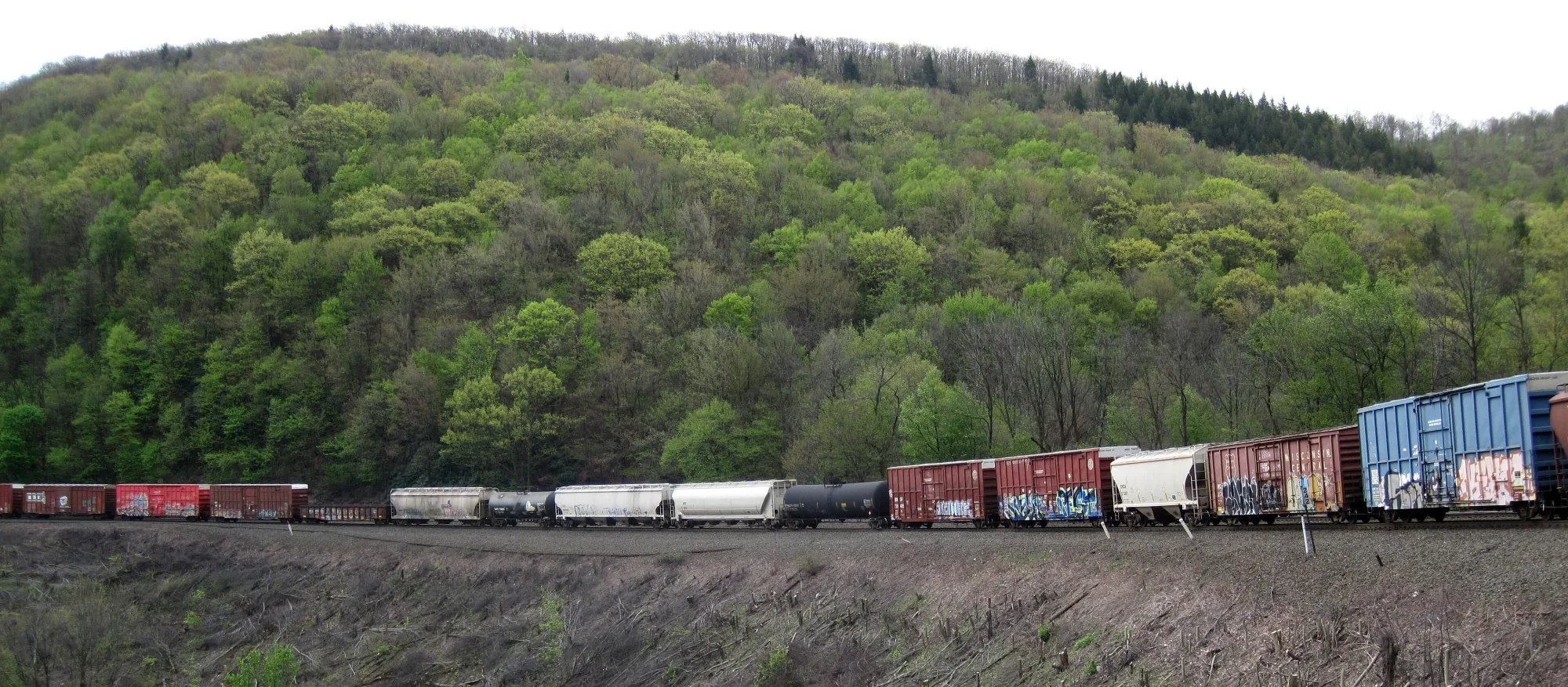 A freight train with wagons of several types on a curve beside a wooded hillside